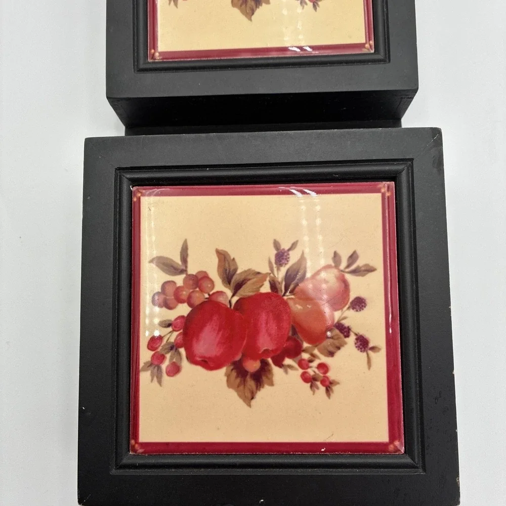Vintage Wooden Wall Mail Organizer Letter Holder Black with Fruit Ceramic Tiles